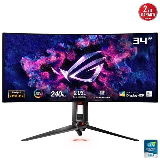 ASUS ROG SWIFT PG34WCDN 34 RGB QD-OLED KAVİSLİ FREESYNC VE GSYNC UYUMLU 3440x1440 0.03ms 360Hz 1300cd(HDR max) DP HDMI USB-C USB YOK VESA 3YIL OLED CARE PRO YAKINLIK SENSÖRÜ(NEO PROXIMITY SENSOR) HDR YÜKSEKLİK AYARLI PD90 W MONİTÖR
